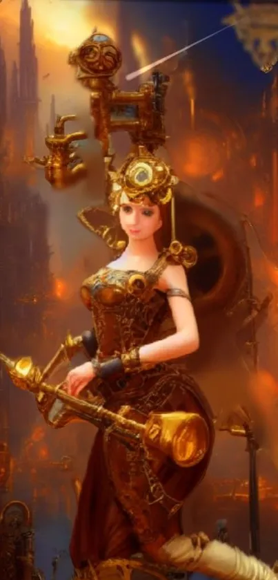Steampunk fantasy character with brass elements in a warm-toned wallpaper.