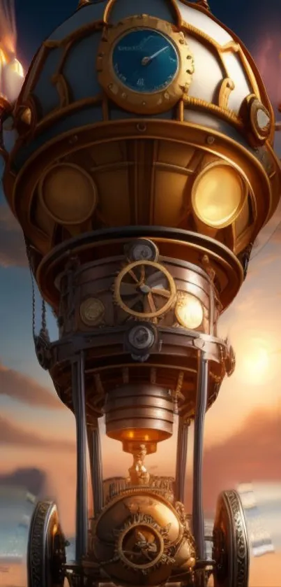 Steampunk fantasy mobile phone wallpaper with sunset backdrop.