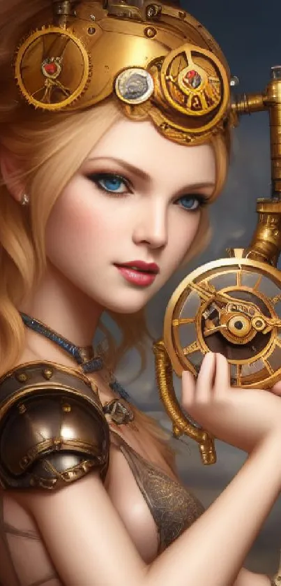 Fantasy steampunk art of a woman with gears and mechanical design.