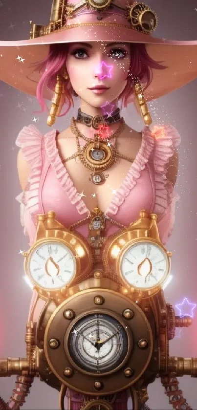 Steampunk fantasy character in pink with mechanical elements and glowing lights.