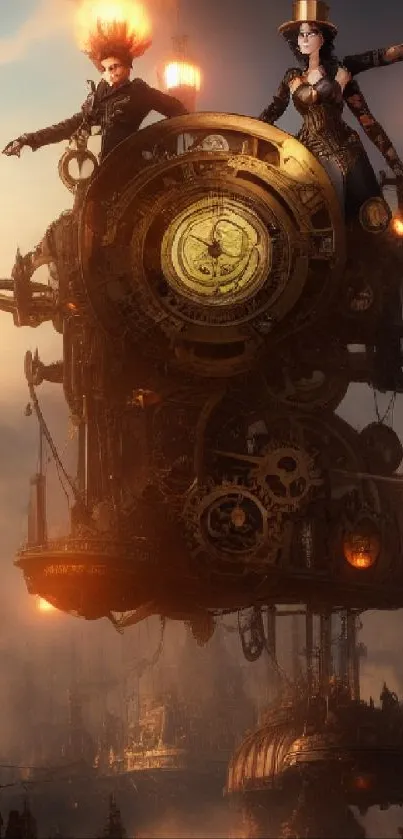 Steampunk airship with two characters and gears in a fantasy sky.