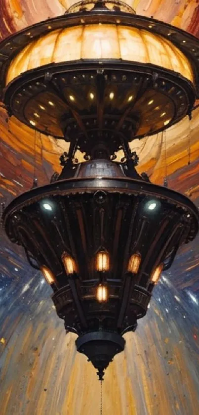 Steampunk spacecraft with cosmic backdrop art.