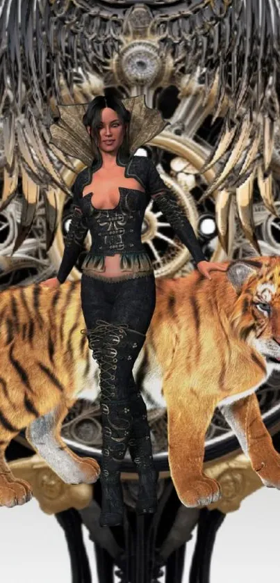 Fantasy steampunk woman with tiger and gears, artistic wallpaper.