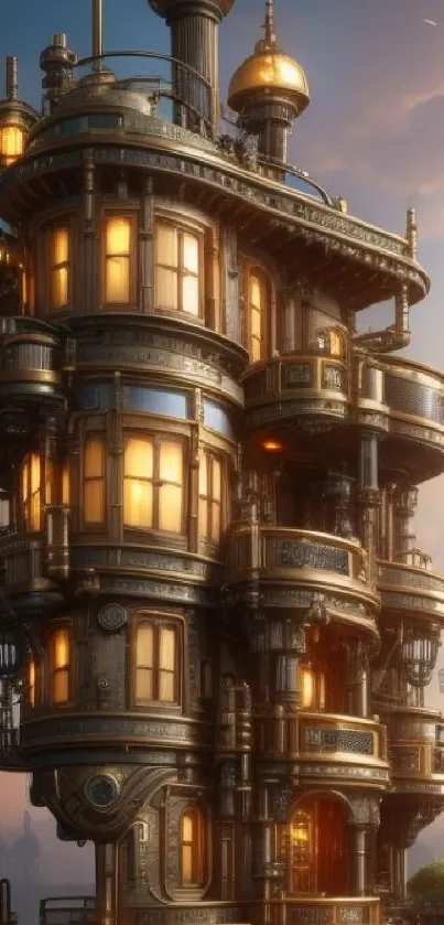 Steampunk tower with glowing windows at sunset in a fantasy setting.