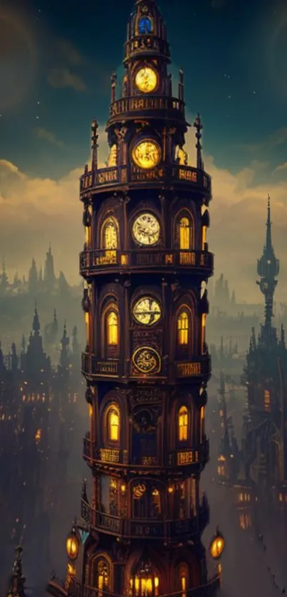 Steampunk clock tower at twilight with glowing faces and cityscape.