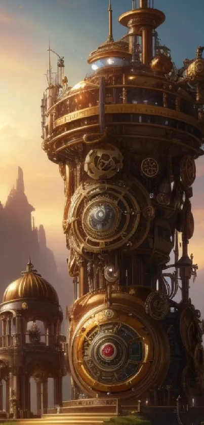 Steampunk tower with clockwork details at sunset, creating a mystical scene.