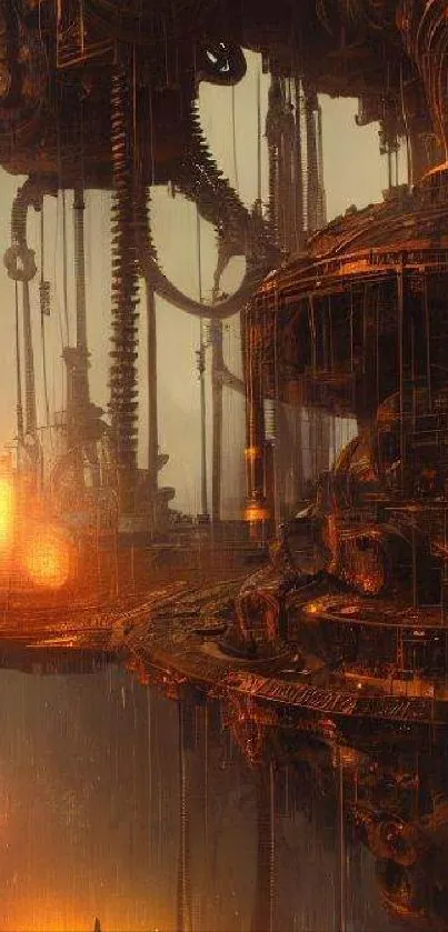 Steampunk fantasy scene with gears and warm lighting in bronze hues.