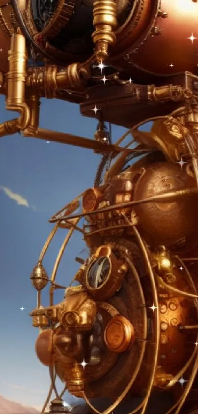 Steampunk copper machine in a desert landscape, illustrating intricate details.