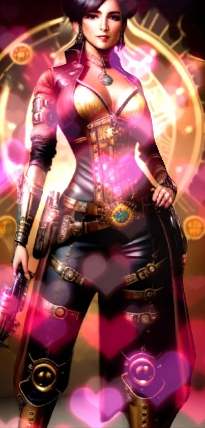 Steampunk warrior with hearts in pink tones.