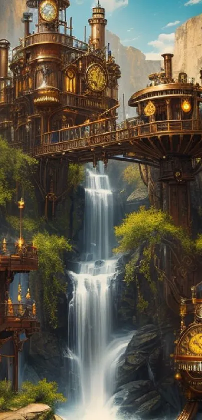 Steampunk fantasy landscape with waterfall cascading through intricate structures.