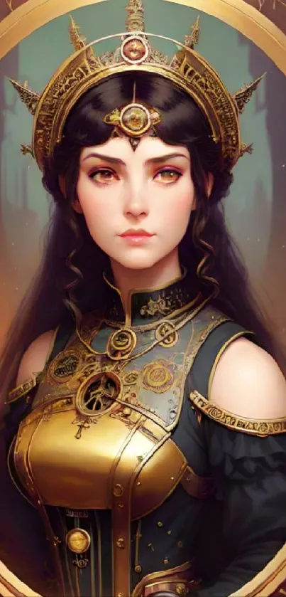 Steampunk fantasy woman adorned in gold armor, perfect for mobile wallpaper.