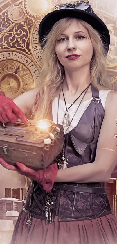 Steampunk fantasy woman in front of a mystical cityscape clock.