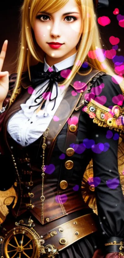 Steampunk styled character with vibrant details and Victorian fashion.