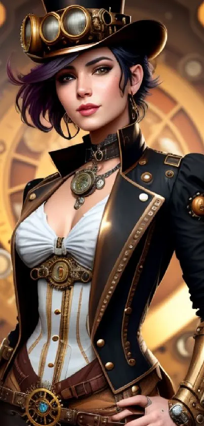 Steampunk character in vintage fashion with gears and accessories on a mobile wallpaper.