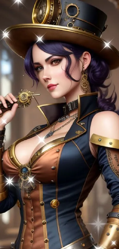 Steampunk woman in elaborate costume, elegant and vintage style.