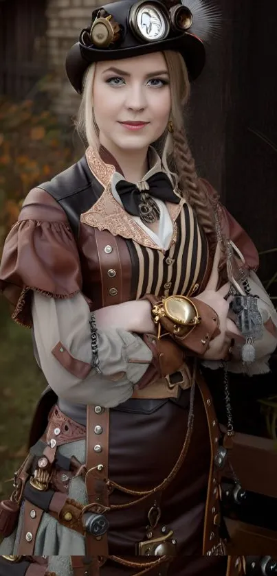Woman in steampunk attire with vintage accessories and gears.