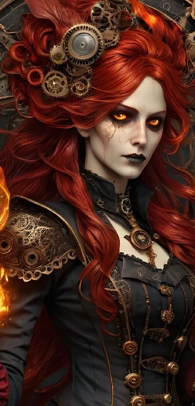 Steampunk sorceress with red hair and fire magic.