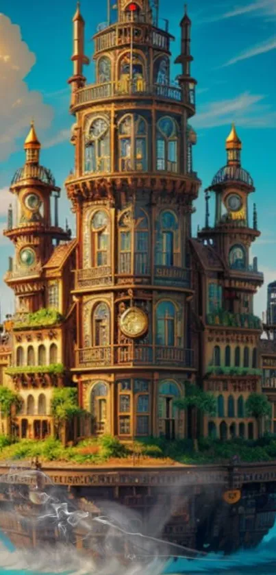 Steampunk castle floating in blue sky, vibrant and intricate art.