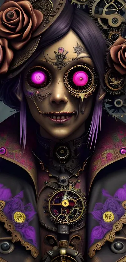 Steampunk-inspired floral android with gears and vibrant purple hues in wallpaper design.