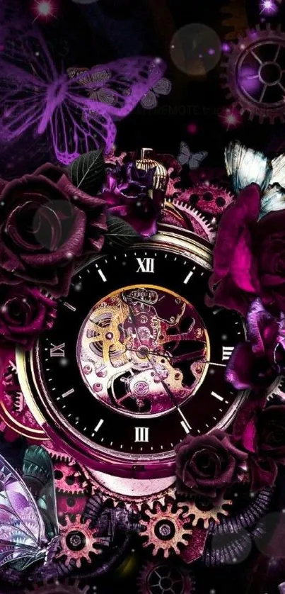 Steampunk floral clock with purple roses and gears.