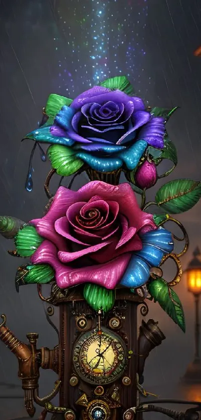 Steampunk art with vibrant roses and a vintage clock in a rainy night scene.