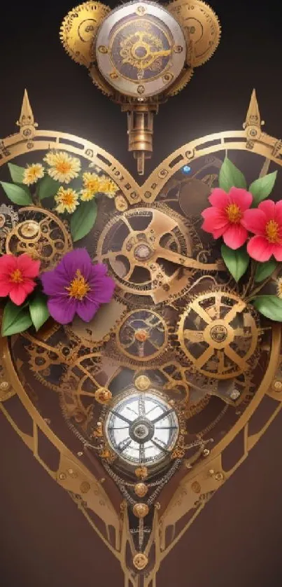 Steampunk heart with vibrant flowers and gears in decorative art design.