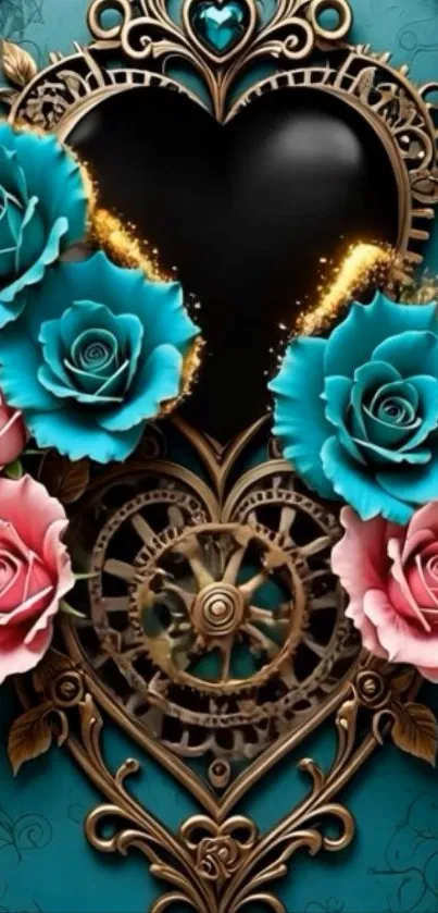 Steampunk heart design with roses and gears on wallpaper