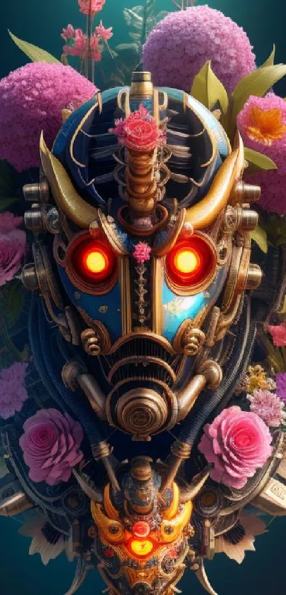 Intricate steampunk mask with flowers and gears in vibrant colors.