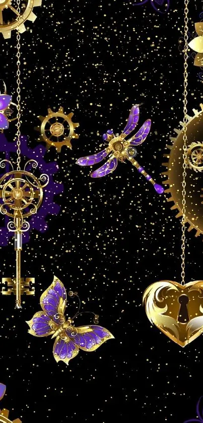 Steampunk floral mobile wallpaper with gold and purple details.