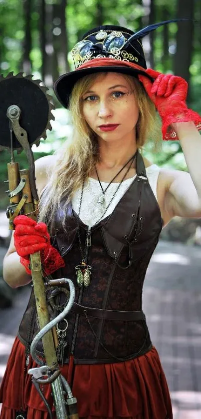 Steampunk woman in a forest with unique attire holding a tool.