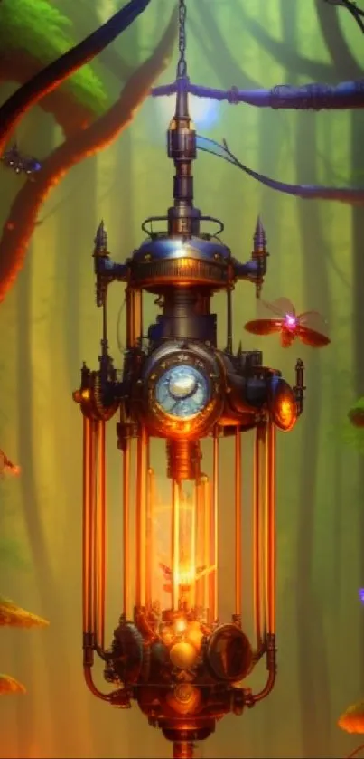 Steampunk-inspired fantasy mobile wallpaper with clockwork device in forest setting.