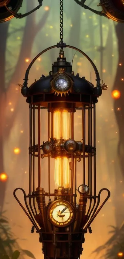 Steampunk light fixture in an enchanted forest with glowing bulbs.