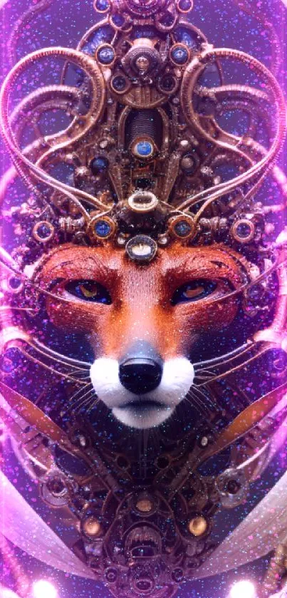 Steampunk-inspired fox with cyber elements in a digital artwork background.