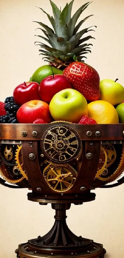 Steampunk-inspired fruit bowl with gears and vibrant colors.