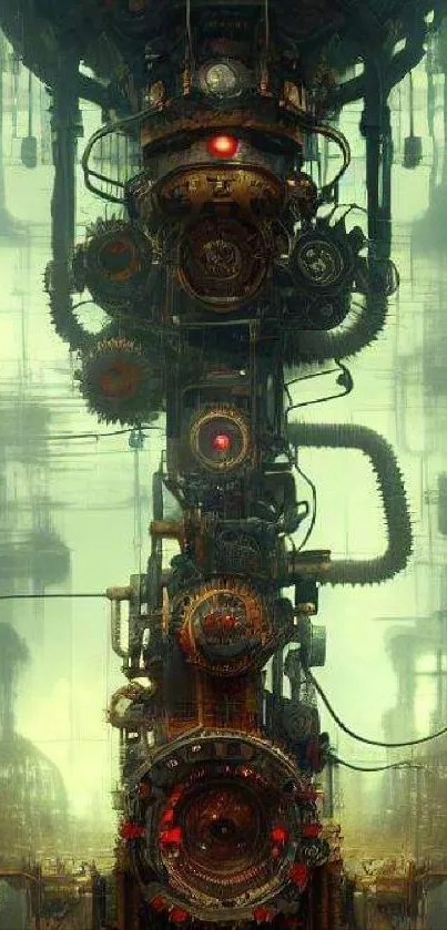 Steampunk themed wallpaper with futuristic mechanical gears and olive green hues.