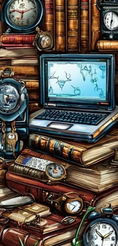 Vintage library scene with laptop and books