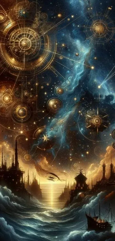 Steampunk galaxy scene with celestial gears.