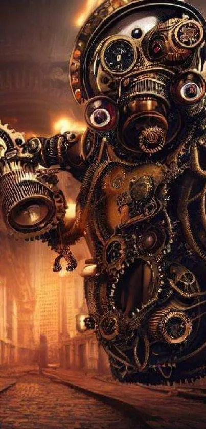 Steampunk robot with gears in a vintage city street setting.