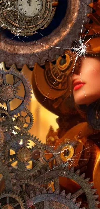 Steampunk theme with gears and clock, displaying industrial vintage art.