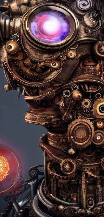 Steampunk gear art with glowing elements and dark brass tones.