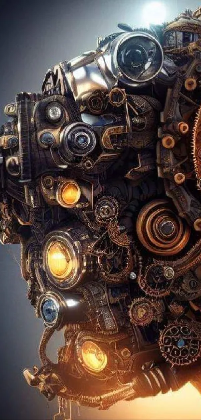 Intricate steampunk design with glowing gears and a mechanical aesthetic.