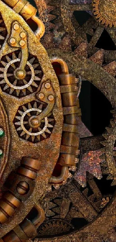 Steampunk wallpaper with intricate gears and metallic textures in bronze hues.