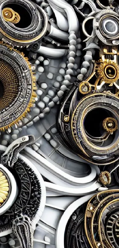 Intricate steampunk gears with metallic colors on a mobile wallpaper.