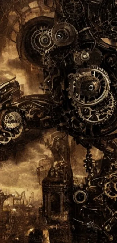 Intricate steampunk cityscape with gears and bronze tones.