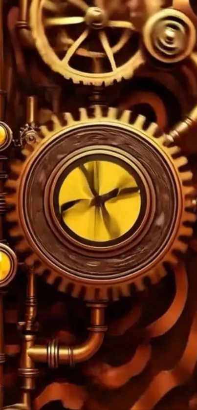 Steampunk gear and clock design in gold tones.