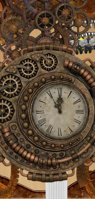 Steampunk clock with intricate gears and cogs on a vintage background.