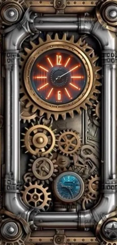 Steampunk gear clock wallpaper with intricate mechanical details and metallic tones.