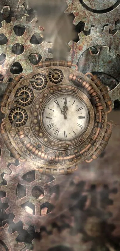 Steampunk gear clock with vintage cogs creating intricate mechanical design.