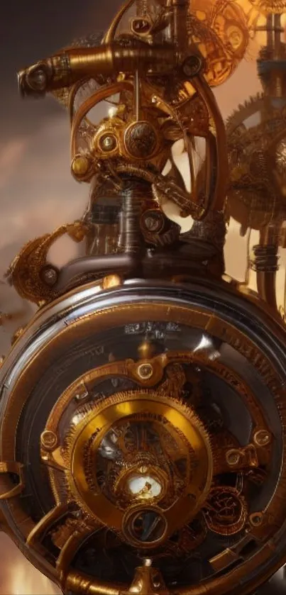 Intricate steampunk gear and clock mechanical design in warm bronze hues.