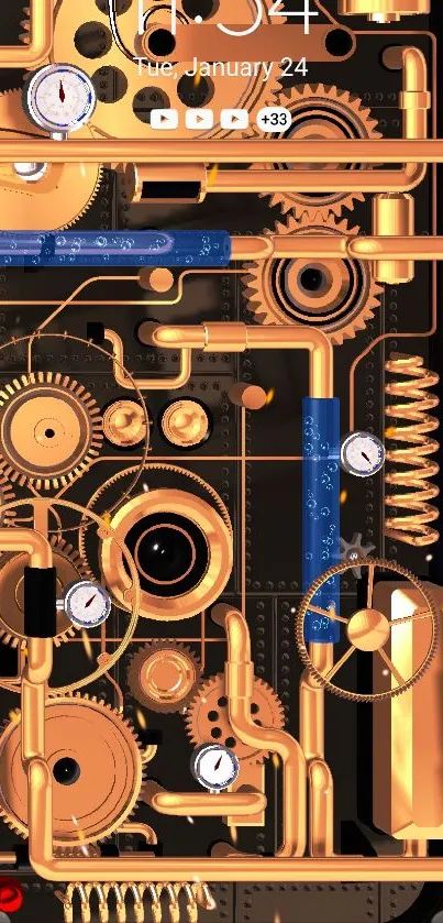 Steampunk themed wallpaper with gears and pipes, featuring a clock design.